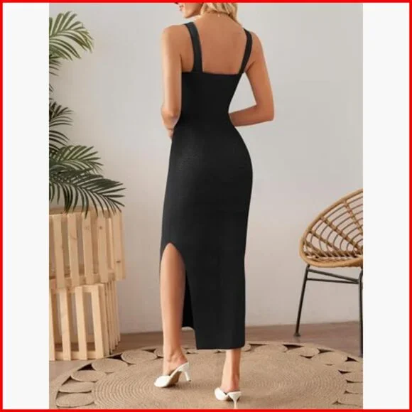 Sleeveless Square Neck Bodycon Midi Dress Side Slit Knit Casual - Picture 4 of 7